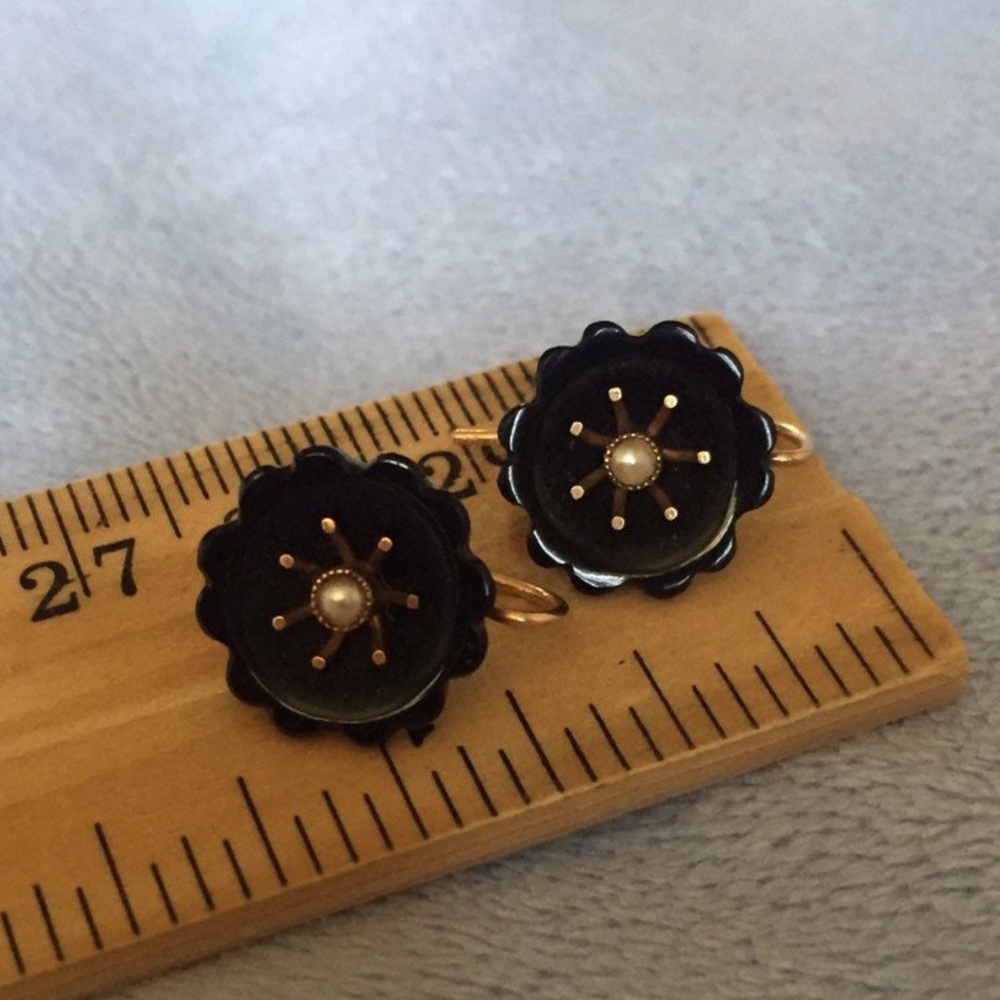 Victorian 14K solid Rose gold black jet pearl dangle earrings  flowers